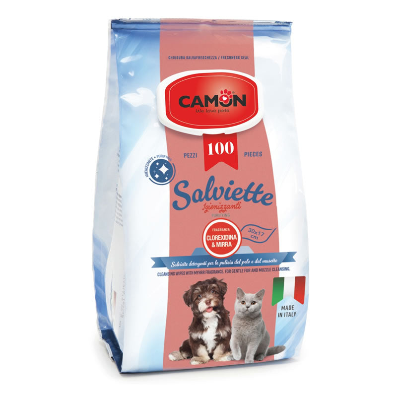 Camon Toallitas Húmedas con Clorhexidina y Mirra – Perros y Gatos (100 unidades)