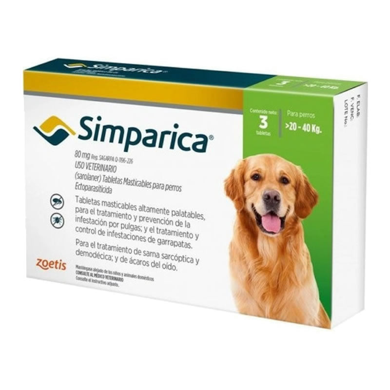 Simparica 80 mg – Perros de 20 a 40 kg - 3 Tabletas - Zoetis
