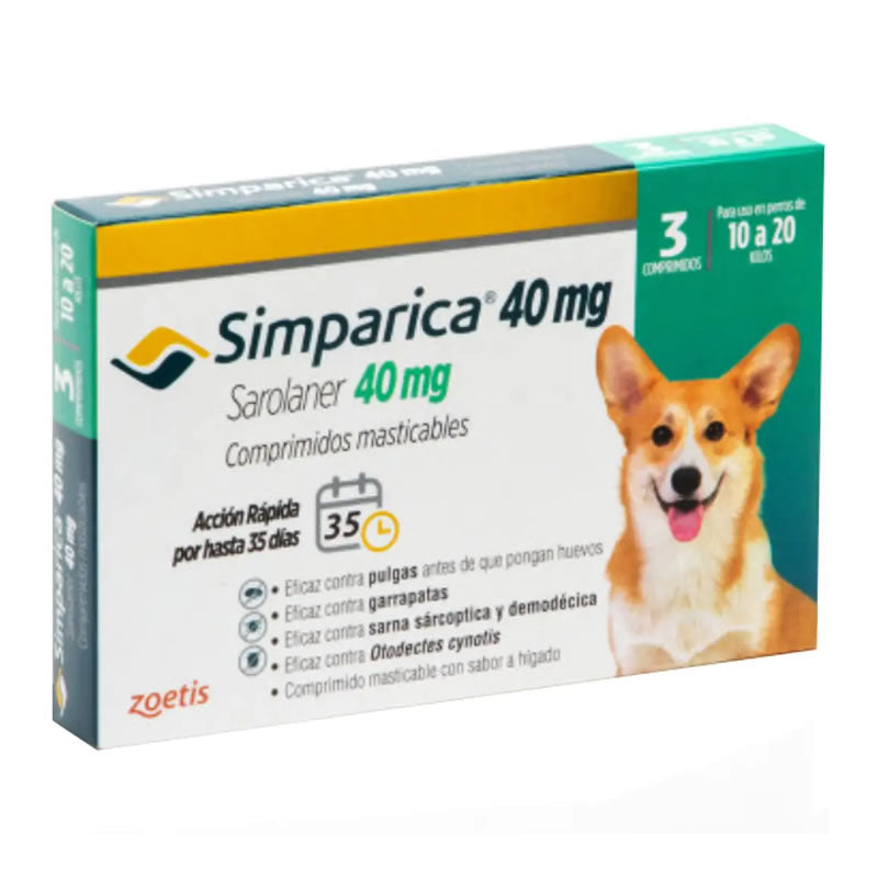 Simparica 40 mg – Perros de 10 a 20 kg - 3 Tabletas - Zoetis